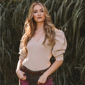 Ba&sh tan short sleeve sweater with gold buttons on sleeves